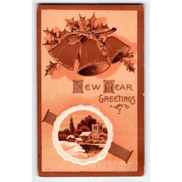 Vintage 1907-1915 New Year Greetings Postcard Embossed Bells & Winter Scene - Picture 1 of 2